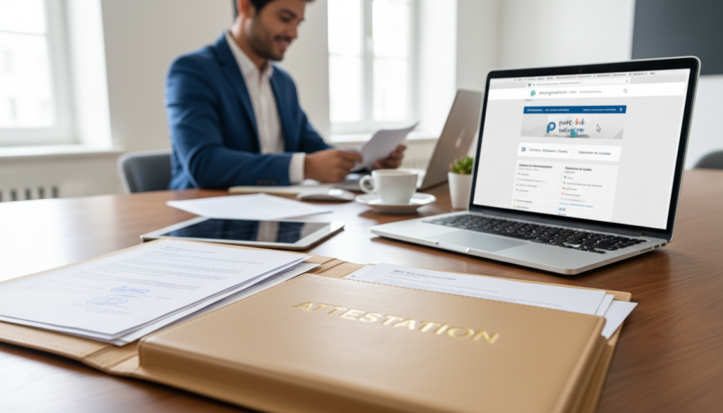 A professional and organized workspace featuring a desk with documents spread out, emphasizing the theme of "attestation" in portage salarial. In the foreground, a close-up of a neatly organized folder labeled "Attestation" with clear, professional paperwork. The middle ground shows a laptop displaying a website interface like portagesalarials.com, with focus on tools for preparing dossiers. In the background, a professional individual in business attire thoughtfully reviewing paperwork, shoulders slightly turned, with a warm and focused expression. Bright, natural lighting illuminates the desk, enhancing a productive atmosphere, while a soft depth of field blurs the background slightly to maintain focus on the dossier preparation process.