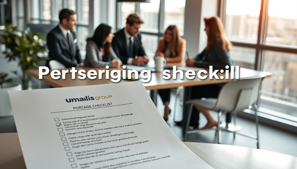 A professional and organized workspace setting featuring a pre-signing checklist for "Portage salarial." In the foreground, a neatly arranged checklist with bullet points, items clearly labeled, and the logo of "Umalis Group" visible. In the middle ground, a diverse group of professionals dressed in business attire, engaged in discussion around a table, reviewing the checklist. The background showcases a bright, modern office with large windows allowing natural light to flood in, giving a sense of openness and clarity. The atmosphere is focused and collaborative, emphasizing the importance of thorough assessment before signing with a portage salarial provider. The image is well-lit, using soft shadows to enhance the professional feel, captured from a slightly elevated angle to provide a comprehensive view of the scene.
