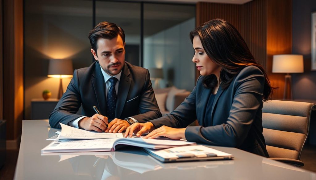 A professional and personalized business consultation with the Umalis Group. A well-dressed, approachable consultant guides a client through financial documents, analytics, and strategy on a sleek, modern desk against a warm, inviting office backdrop. Soft, directional lighting accentuates the collaborative atmosphere. The consultant's gaze is attentive, conveying a sense of care and expertise. The client appears engaged, with a pensive yet assured expression. The overall scene radiates a premium, tailored service experience.