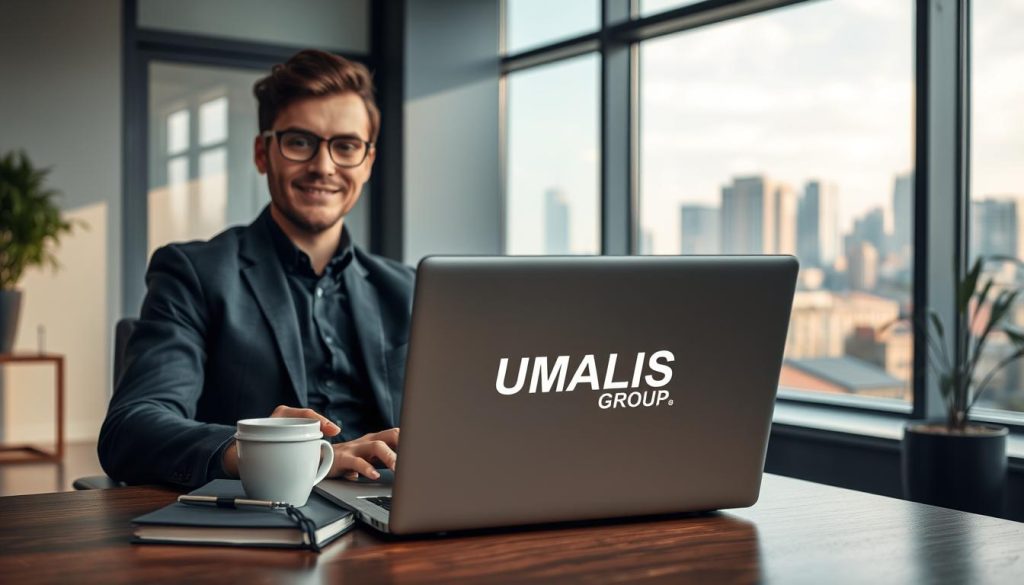 A professional and serene office environment illustrating the concept of transitioning to freelance work while maintaining employment. In the foreground, a confident individual in smart casual attire sits at a stylish desk, working on a laptop, surrounded by notebooks and a cup of coffee. The middle ground features a large window with soft, natural light pouring in, illuminating the room and creating a warm atmosphere. In the background, a subtle view of a city skyline, symbolizing opportunity and growth. The overall mood is inspiring and positive, embodying the idea of balance between freelance aspirations and job security. Incorporate the logo of UMALIS GROUP discreetly on the laptop screen, ensuring it blends harmoniously with the setting.