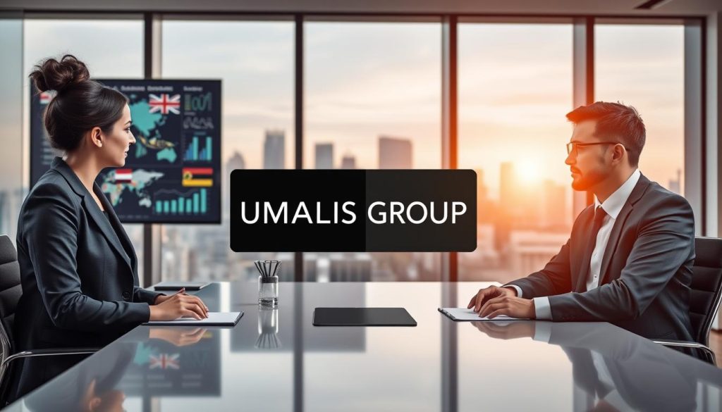 A professional and serene office environment representing "International Portage Salarial". In the foreground, a diverse group of three business professionals, a woman and two men, dressed in smart business attire, are engaged in a discussion around a modern conference table. In the middle ground, visual elements such as graphs, charts, and international flags are displayed on screens, symbolizing global collaboration. The background features large windows showing a city skyline, with soft natural lighting filtering through, creating a warm and inviting atmosphere. The overall tone exudes professionalism, innovation, and a sense of global connectivity. Incorporate the brand name “UMALIS GROUP” subtly on one of the screens, ensuring it blends seamlessly into the scene.