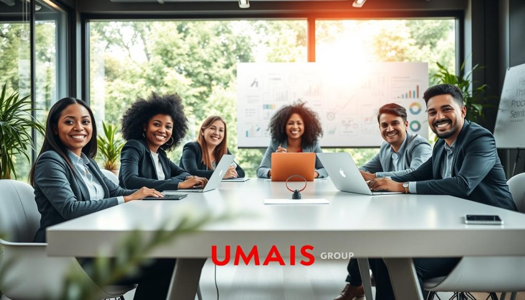 A professional and serene office environment showcasing the concept of "flexibilité portage salarial". In the foreground, a smiling diverse group of professionals in business attire, sitting around a sleek modern table, engaging with digital devices such as laptops and tablets. In the middle ground, large windows allow natural light to flood the space, highlighting the vibrant greenery outside, symbolizing growth and opportunity. The focus should be on their expressions of freedom and collaboration. In the background, a whiteboard filled with colorful ideas and charts represents flexibility in project management. The lighting is bright and uplifting, with a light color palette to evoke a sense of hope and independence. Subtly integrate the branding of "UMALIS GROUP" into the office decor without overshadowing the main elements. A professional and serene office environment showcasing the concept of "flexibilité portage salarial". In the foreground, a smiling diverse group of professionals in business attire, sitting around a sleek modern table, engaging with digital devices such as laptops and tablets. In the middle ground, large windows allow natural light to flood the space, highlighting the vibrant greenery outside, symbolizing growth and opportunity. The focus should be on their expressions of freedom and collaboration. In the background, a whiteboard filled with colorful ideas and charts represents flexibility in project management. The lighting is bright and uplifting, with a light color palette to evoke a sense of hope and independence. Subtly integrate the branding of "UMALIS GROUP" into the office decor without overshadowing the main elements.