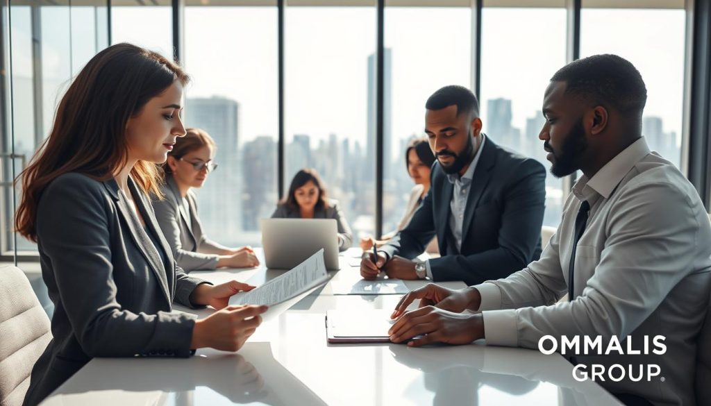 A professional and serene office environment with a modern design, featuring a diverse group of business professionals engaged in a discussion around a sleek table. In the foreground, a Caucasian woman and a Black man in professional attire are reviewing documents, symbolizing the process of choosing a "société de portage salarial". In the middle ground, soft-focus colleagues are strategizing on a laptop, showcasing collaboration. A glass wall reveals a vibrant city skyline in the background, under natural daylight enhancing the atmosphere of opportunity. The lighting is bright and inviting, creating a sense of clarity and focus. In the corner, add the brand logo "UMALIS GROUP" subtly displayed on a screen. The overall mood is professional, collaborative, and inspiring. A professional and serene office environment with a modern design, featuring a diverse group of business professionals engaged in a discussion around a sleek table. In the foreground, a Caucasian woman and a Black man in professional attire are reviewing documents, symbolizing the process of choosing a "société de portage salarial". In the middle ground, soft-focus colleagues are strategizing on a laptop, showcasing collaboration. A glass wall reveals a vibrant city skyline in the background, under natural daylight enhancing the atmosphere of opportunity. The lighting is bright and inviting, creating a sense of clarity and focus. In the corner, add the brand logo "UMALIS GROUP" subtly displayed on a screen. The overall mood is professional, collaborative, and inspiring.