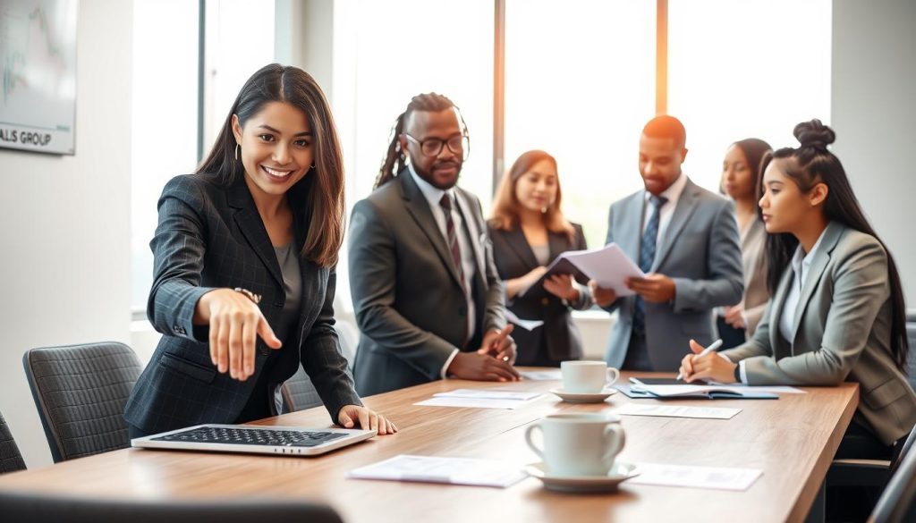 A professional and serene office setting, focusing on a diverse group of individuals in business attire engaged in a collaborative discussion about social protection and freelance career stability. In the foreground, a confident woman of Asian descent is pointing at a chart on a laptop screen, highlighting key benefits of social protection, while a middle-aged Black man takes notes. In the middle, an inviting conference table with documents and coffee cups, creating a warm atmosphere. The background features a large window with soft natural light streaming in, illuminating the room, evoking a sense of empowerment and security. Include subtle branding elements associated with "UMALIS GROUP" in the environment, enhancing the theme of professional protection.
