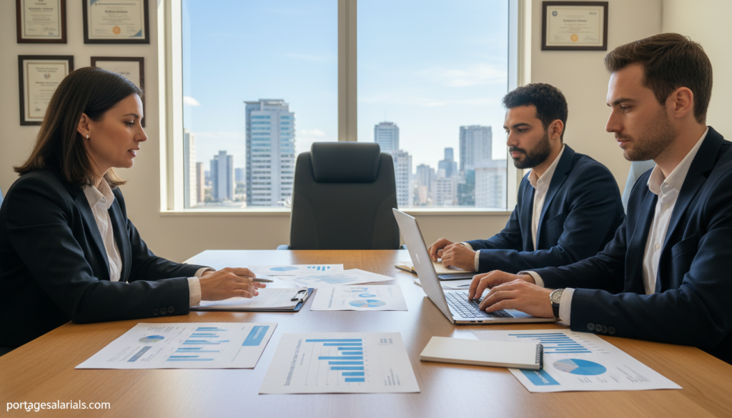 A professional and serene office setting showcasing a diverse group of individuals, dressed in smart business attire, discussing the concept of social protection. In the foreground, a middle-aged woman points to a document highlighting employee rights, while a young man takes notes on a laptop. The middle ground features a large window revealing a cityscape, symbolizing economic stability, and a modern conference table cluttered with charts and financial reports. The background displays framed certificates and awards emphasizing job security and benefits like unemployment support and retirement plans. Soft, natural lighting from the window creates an inviting atmosphere. The overall mood is collaborative and informative, reflecting the themes of security and professional autonomy. Include the brand name "portagesalarials.com" subtly within the scene, perhaps on a notepad or a business card on the table. A professional and serene office setting showcasing a diverse group of individuals, dressed in smart business attire, discussing the concept of social protection. In the foreground, a middle-aged woman points to a document highlighting employee rights, while a young man takes notes on a laptop. The middle ground features a large window revealing a cityscape, symbolizing economic stability, and a modern conference table cluttered with charts and financial reports. The background displays framed certificates and awards emphasizing job security and benefits like unemployment support and retirement plans. Soft, natural lighting from the window creates an inviting atmosphere. The overall mood is collaborative and informative, reflecting the themes of security and professional autonomy. Include the brand name "portagesalarials.com" subtly within the scene, perhaps on a notepad or a business card on the table.