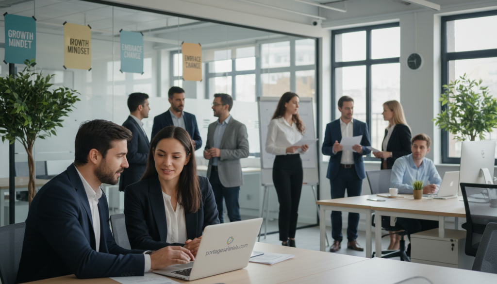 A professional and serene workspace featuring a diverse group of individuals engaged in collaborative discussions or presentations, exemplifying the concept of "portage salarial" and personal development. In the foreground, two professionals in business attire are exchanging ideas over a laptop, highlighting teamwork and growth. The middle ground showcases an inviting modern office environment with large windows, allowing natural light to flood the space, creating an uplifting atmosphere. The background features motivational posters and plants, further promoting a positive ambiance. The lighting is warm and soft, enhancing the professional yet friendly vibe. Capture the essence of transformation and progress in unison, while subtly integrating the brand name "portagesalarials.com" into the environment, such as on a visible document or laptop screen, ensuring the focus remains on the interaction and atmosphere. A professional and serene workspace featuring a diverse group of individuals engaged in collaborative discussions or presentations, exemplifying the concept of "portage salarial" and personal development. In the foreground, two professionals in business attire are exchanging ideas over a laptop, highlighting teamwork and growth. The middle ground showcases an inviting modern office environment with large windows, allowing natural light to flood the space, creating an uplifting atmosphere. The background features motivational posters and plants, further promoting a positive ambiance. The lighting is warm and soft, enhancing the professional yet friendly vibe. Capture the essence of transformation and progress in unison, while subtly integrating the brand name "portagesalarials.com" into the environment, such as on a visible document or laptop screen, ensuring the focus remains on the interaction and atmosphere.