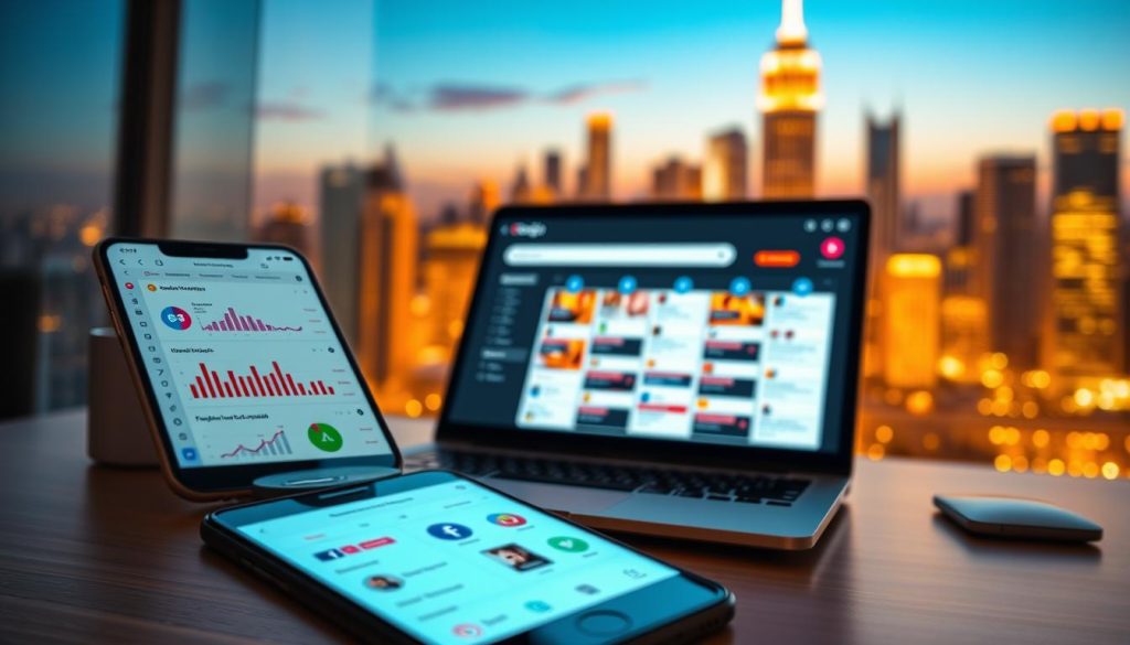 A professional and sleek digital strategy scene depicting the Umalis Group. In the foreground, a smartphone screen showcases a social media dashboard with analytics and optimization tools. In the middle ground, a laptop displays a visually striking social media content calendar. The background features a stylized cityscape, symbolizing the global reach and influence of the Umalis Group's digital solutions. Warm, natural lighting casts a vibrant glow, and the composition uses a cinematic, wide-angle lens to capture the full breadth of the digital workspace.