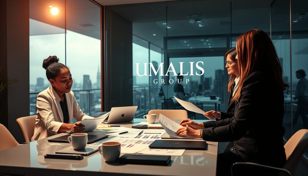 A professional and sleek office environment, dimly lit with soft, focused lighting creating a warm atmosphere for a business discussion. In the foreground, a diverse group of three professionals (one Black woman, one Hispanic man, one Caucasian woman) dressed in smart business attire, reviewing financial documents and discussing strategies for managing professional expenses related to "portage salarial." The middle ground features a modern conference table cluttered with laptops, charts, and coffee cups symbolizing collaboration. In the background, a large window displays a city skyline, suggesting a thriving business ecosystem. The words "UMALIS GROUP" elegantly embossed on a glass partition adds branded authenticity. The overall mood is productive and insightful, aimed at fostering understanding and optimization of taxable income.