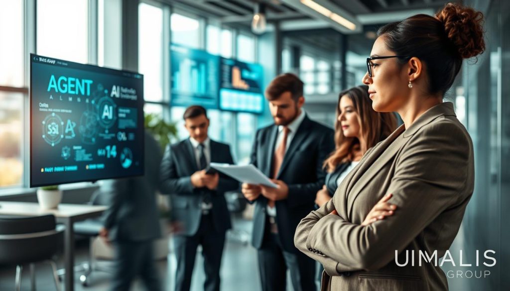 A professional and sleek office environment featuring a diverse group of business professionals engaged in a discussion about artificial intelligence solutions. In the foreground, a confident woman in business attire gestures towards a digital screen displaying AI algorithms and data analysis, symbolizing "Agent IA." In the middle ground, a man in a suit takes notes while a colleague reviews a project plan, emphasizing collaboration and innovation. The background showcases modern office decor with large windows allowing natural light to flood in, creating a bright and inspiring atmosphere. The mood is focused and dynamic, reflecting the intricate nature of AI projects under the brand name "UMALIS GROUP." Use soft, ambient lighting to enhance the professional and collaborative vibe, with a slight lens blur to emphasize the subjects in focus. A professional and sleek office environment featuring a diverse group of business professionals engaged in a discussion about artificial intelligence solutions. In the foreground, a confident woman in business attire gestures towards a digital screen displaying AI algorithms and data analysis, symbolizing "Agent IA." In the middle ground, a man in a suit takes notes while a colleague reviews a project plan, emphasizing collaboration and innovation. The background showcases modern office decor with large windows allowing natural light to flood in, creating a bright and inspiring atmosphere. The mood is focused and dynamic, reflecting the intricate nature of AI projects under the brand name "UMALIS GROUP." Use soft, ambient lighting to enhance the professional and collaborative vibe, with a slight lens blur to emphasize the subjects in focus.
