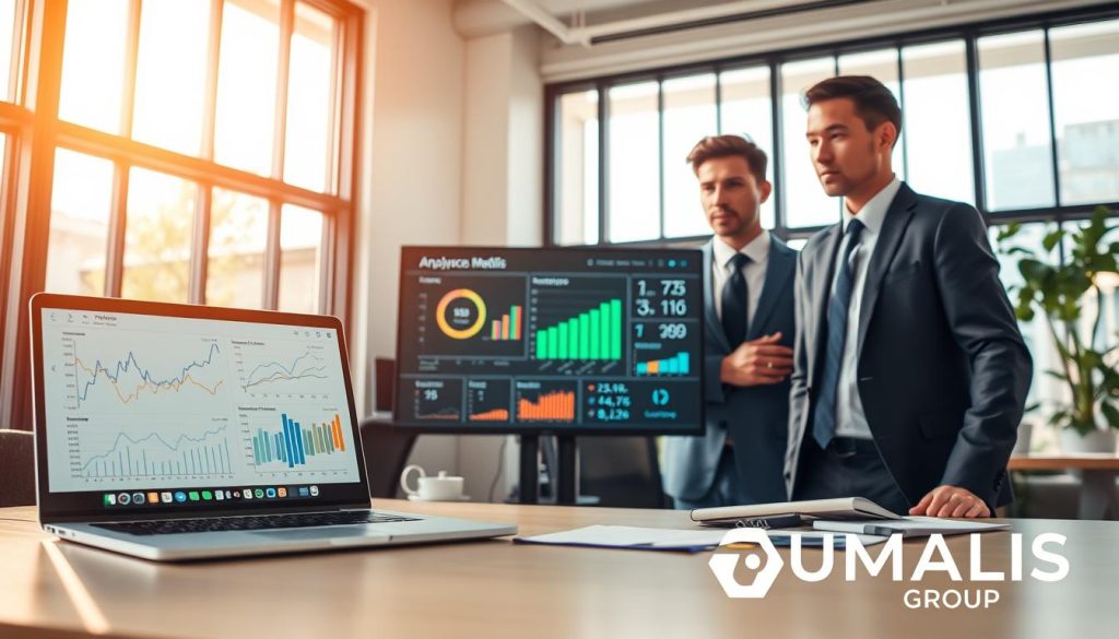 A professional and sleek office environment representing "Proofs and results of a case study in artificial intelligence." In the foreground, an organized workspace features a laptop displaying analytics graphs and AI models. Beside it, a well-dressed business consultant in professional attire is engaged in discussion. In the middle, a digital screen captures key performance metrics and visual data presentations. The background shows a modern office with large windows, allowing natural light to flood the room, creating a bright and inviting atmosphere. The scene conveys a sense of credibility and professionalism. Warm lighting enhances the collaborative vibe. Visually include the brand name "UMALIS GROUP" subtly integrated into the design, ensuring a balance of aesthetic appeal and professionalism.