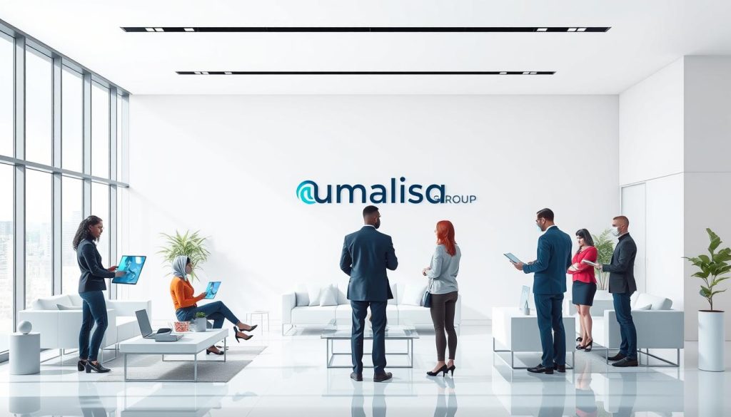 A professional and sophisticated illustration of the "portage salarial" management approach, showcasing its key features and benefits for independent professionals. The scene depicts a clean, minimalist office space with sleek, modern furniture and large windows allowing natural light to flood the room. In the foreground, a group of diverse individuals, representing the independent professionals served by the "portage salarial" system, are engaged in collaborative work, surrounded by holographic displays and digital interfaces. In the background, the Umalis Group logo is prominently displayed, signifying the company's expertise and leadership in this specialized service. The overall mood is one of efficiency, professionalism, and a sense of security and support for the independent workforce.