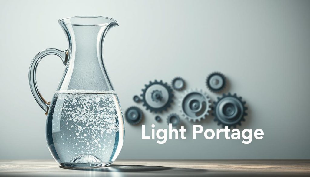 A professional and sophisticated illustration of "transparence contrat portage salarial", showcasing the key mechanisms and implications. In the foreground, a transparent glass carafe filled with sparkling water, representing the clarity and transparency of the portage salarial contract. In the middle ground, a series of gears and cogs, symbolizing the intricate workings and processes involved. In the background, a minimalist geometric pattern in muted tones, conveying a sense of balance and professionalism. Soft, natural lighting illuminates the scene, creating a serene and authoritative atmosphere. The brand "Light Portage" is prominently displayed, reflecting the core values of transparency and efficiency. Overall, the image conveys the importance of understanding the nuances and dynamics of the portage salarial contract.
