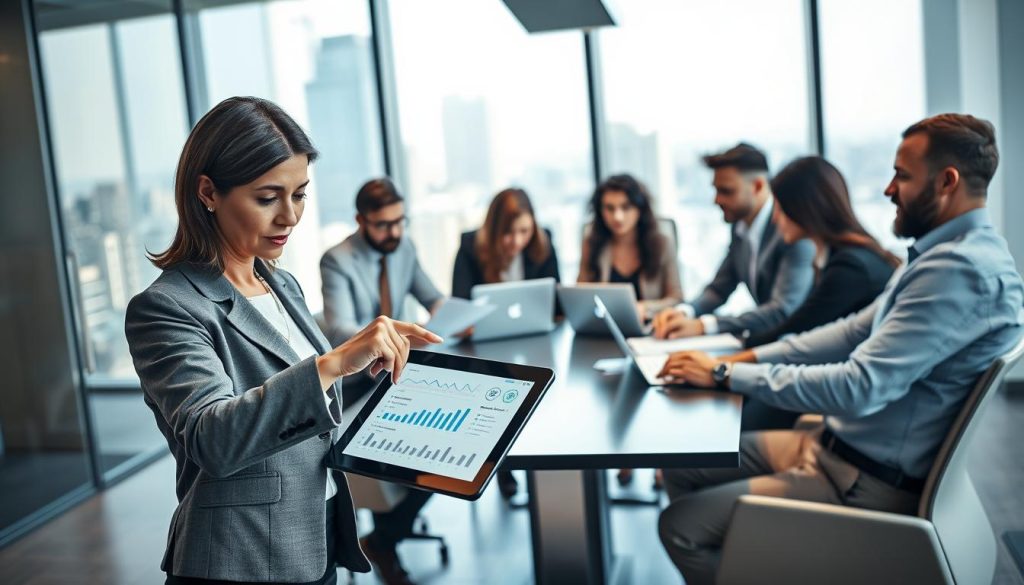 A professional and sophisticated office environment, showcasing a group of diverse IT consultants engaged in a discussion about optimizing their remuneration through salary portage services. In the foreground, a middle-aged woman in business attire points at a digital tablet displaying financial graphs and data. The middle ground features a modern conference table surrounded by several focused individuals, both men and women, reviewing documents and laptops, all dressed in smart casual or business attire. The background includes a large window with natural light streaming in, highlighting a cityscape view. The atmosphere is collaborative and energetic, with soft lighting that creates an inviting ambiance.