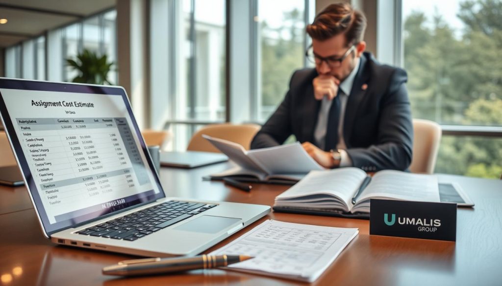 A professional and sophisticated workspace featuring a sleek desktop with a well-organized layout. In the foreground, a detailed financial spreadsheet displayed on a laptop screen shows "Assignment Cost Estimate in Euros" prominently. Beside it, a polished calculator, a pen, and a notepad filled with calculations. In the middle ground, a focused business consultant in formal attire, deep in thought, reviews the data. The background reveals a modern office setting with large windows allowing soft natural light to illuminate the space. The atmosphere is reflective and serious, conveying a sense of professionalism and diligence. Brand logo "Umalis Group" is subtly integrated into the scene, perhaps on a business card on the desk. The angle captures the consultant's engagement with the estimates, inviting viewers into the financial planning process. A professional and sophisticated workspace featuring a sleek desktop with a well-organized layout. In the foreground, a detailed financial spreadsheet displayed on a laptop screen shows "Assignment Cost Estimate in Euros" prominently. Beside it, a polished calculator, a pen, and a notepad filled with calculations. In the middle ground, a focused business consultant in formal attire, deep in thought, reviews the data. The background reveals a modern office setting with large windows allowing soft natural light to illuminate the space. The atmosphere is reflective and serious, conveying a sense of professionalism and diligence. Brand logo "Umalis Group" is subtly integrated into the scene, perhaps on a business card on the desk. The angle captures the consultant's engagement with the estimates, inviting viewers into the financial planning process.
