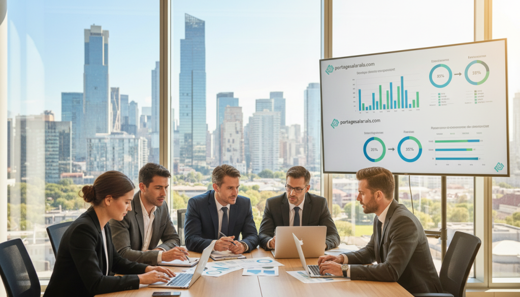A professional and thoughtful depiction of "social protection" in a modern office environment. In the foreground, a diverse group of business professionals dressed in smart business attire discuss and analyze documents, symbolizing collaboration and support. In the middle ground, there's a large, clear window showcasing an urban skyline, representing stability and opportunity. The background features symbols of social security like charts and infographics displayed on a digital screen, enhancing the theme of protection and safety in the workplace. Utilize bright, natural lighting with a warm ambiance to create an inviting atmosphere. The angle should be slightly elevated, capturing the engaged expressions of the professionals as they delve into the nuances of social protection. No text or watermark; reflect the brand "portagesalarials.com" subtly in the environment through visual elements like logos or charts.