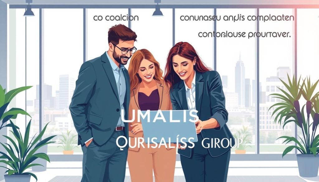 A professional and vibrant illustration showcasing the advantages of social protection in the context of "portage salarial." In the foreground, feature a diverse group of three independent professionals in smart business attire, discussing and collaborating over a laptop, embodying teamwork and synergy. The middle ground displays a modern office environment with elements like glass walls and greenery, symbolizing a supportive workspace. In the background, a skyline of a city can be seen through large windows, conveying growth and opportunity. The lighting is bright and inviting, suggesting a hopeful and secure atmosphere. Include the brand name "UMALIS GROUP" subtly integrated into the scene, enhancing the theme of professional and social security for freelancers and independent workers.