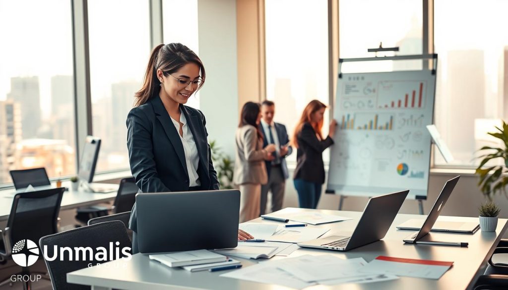 A professional and vibrant office setting showcasing a diverse group of people engaged in various "portage salarial" professions. In the foreground, a confident woman in business attire discussing with a man in smart casual wear, both using laptops and documents spread on a contemporary desk. The middle ground features a small team brainstorming around a whiteboard filled with graphs and ideas, symbolizing eligible sectors such as IT, consulting, and creative industries. The background includes large windows letting in warm, natural light, with a city skyline view, enhancing the professional atmosphere. Soft, diffused lighting creates an inviting mood, highlighting the collaborative spirit. Incorporate the Umalis Group logo visually, subtly placed within the scene as a professional reference.