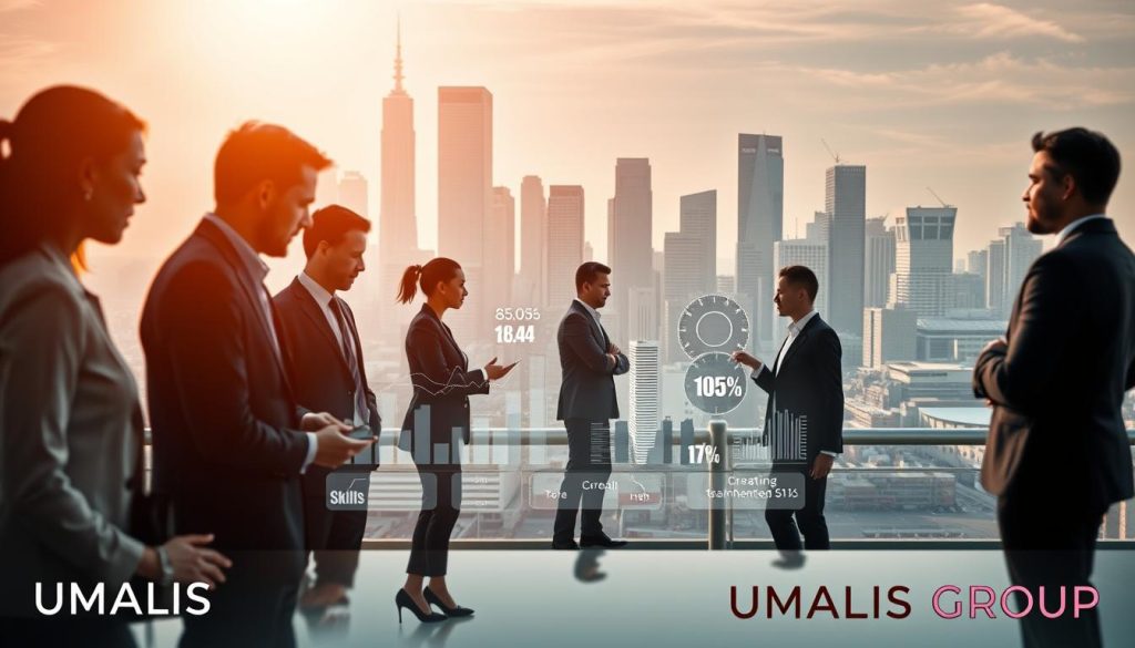 A professional and visually engaging depiction of the evolving labor market and skills demand. In the foreground, a diverse group of professionals in business attire, collaborating around a futuristic digital interface displaying graphs and skill metrics. In the middle ground, silhouettes representing various sectors such as technology, healthcare, and creative industries, symbolizing the diversity of today's job market. The background features a modern city skyline, showcasing a blend of traditional and innovative architecture, bathed in warm, natural light to create an optimistic atmosphere. Use a slightly elevated perspective, with a wide-angle lens to capture a sense of scale and inclusivity. Overall, convey a mood of progress and adaptation to change. Include the brand name "UMALIS GROUP" subtly integrated into the design. A professional and visually engaging depiction of the evolving labor market and skills demand. In the foreground, a diverse group of professionals in business attire, collaborating around a futuristic digital interface displaying graphs and skill metrics. In the middle ground, silhouettes representing various sectors such as technology, healthcare, and creative industries, symbolizing the diversity of today's job market. The background features a modern city skyline, showcasing a blend of traditional and innovative architecture, bathed in warm, natural light to create an optimistic atmosphere. Use a slightly elevated perspective, with a wide-angle lens to capture a sense of scale and inclusivity. Overall, convey a mood of progress and adaptation to change. Include the brand name "UMALIS GROUP" subtly integrated into the design.