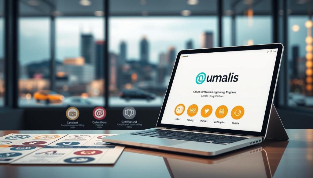 A professional and visually engaging image depicting an "online certification comparison" with a focus on the Umalis Group brand. In the foreground, a neatly arranged display of various online certification programs, each with a distinct icon and badge. The certifications are presented in a clean, modern layout, inviting the viewer to explore the options. In the middle ground, a sleek laptop or tablet device showcases the Umalis Group's online learning platform, its interface intuitive and visually appealing. The device is positioned at a slight angle, capturing the user's attention. The background features a blurred, out-of-focus cityscape, suggesting the global reach and accessibility of these online certification programs. The lighting is soft and warm, creating a welcoming and professional atmosphere. The overall composition is balanced, with a harmonious color palette and a sense of visual hierarchy that draws the viewer's eye towards the key elements of the image. Prompt A professional and visually