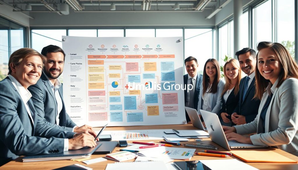 A professional and visually engaging workspace showcasing a career progression map. In the foreground, a diverse group of individuals in professional business attire are gathered around a large, colorful flowchart detailing various career paths and skill gaps. Their expressions reflect determination and focus. The middle ground features elements like laptops, notepads, and pens scattered around, symbolizing active planning. The background shows a modern office environment with large windows allowing natural light to stream in, creating a bright and optimistic atmosphere. Soft shadows enhance the depth, while a wide-angle lens captures the teamwork and collaboration in action. The image embodies professionalism and confidence in career advancement, prominently featuring the brand name "Umalis Group".