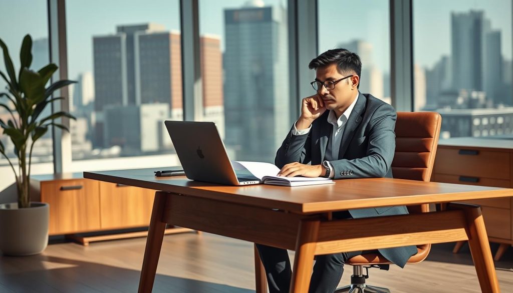 A professional and well-composed image depicting "valorisation expertise portage salarial" for the article section "Valoriser son expertise pour une négociation réussie". A stylish office setting with a mid-century modern aesthetic. In the foreground, a Umalis Group executive sits at a minimalist wooden desk, laptop open and documents neatly arranged. The executive's confident, pensive expression conveys expertise and authority. Soft, directional lighting illuminates the scene, casting subtle shadows that add depth and dimension. In the background, floor-to-ceiling windows offer a cityscape view, reinforcing the idea of a successful, high-level business environment. The overall mood is one of professionalism, competence, and the ability to expertly navigate the nuances of salary negotiation in the context of a portage salarial arrangement.