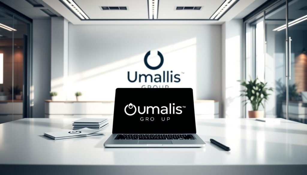 A professional and well-designed office interior with a focus on the "Umalis Group" brand. The scene features a modern desk setup with a laptop, documents, and a stylized "Umalis Group" logo prominently displayed. The lighting is bright and natural, creating a warm and inviting atmosphere. The background showcases a sleek, minimalist design with clean lines and neutral tones, allowing the branding to take center stage. The overall composition conveys a sense of professionalism, efficiency, and attention to detail - qualities that a reputable "portage salarial" service should embody.