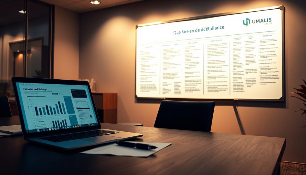 A professional and well-organized business office interior, dimly lit with warm, soft lighting. On the desk, a laptop displays financial documents, with a pen and paper nearby. In the background, a large whiteboard showcases a detailed action plan, with the Umalis Group logo prominently displayed. The scene conveys a sense of thoughtful planning and strategic decision-making, reflecting the section title "Que faire en cas de défaillance : plan d'action pour le salarié porté".