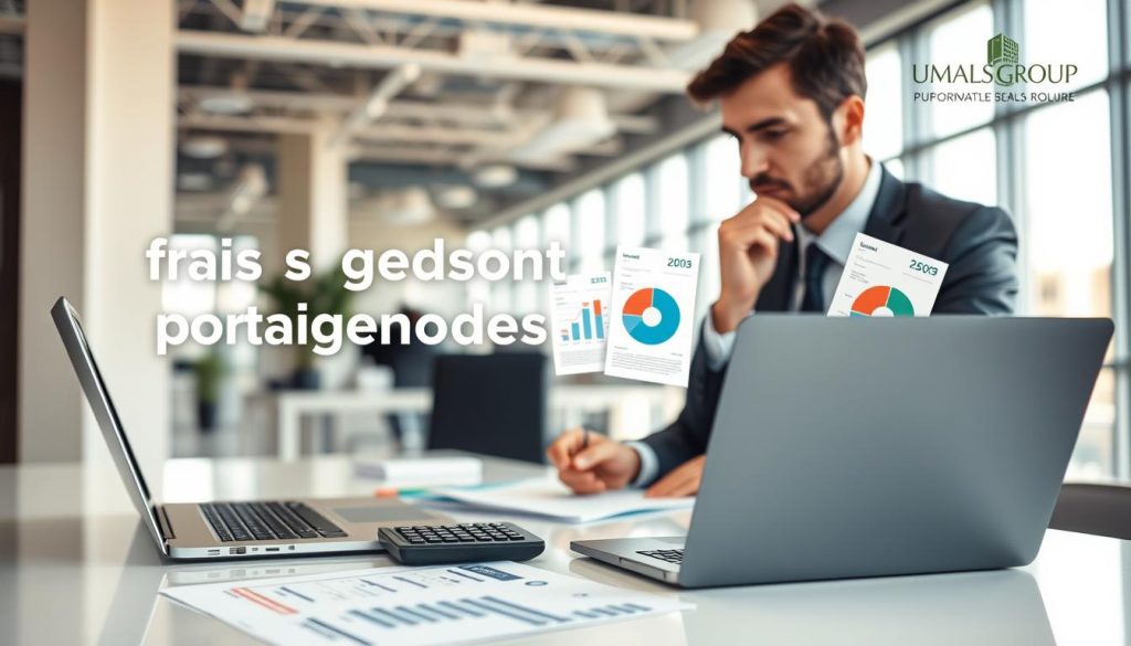 A professional and well-organized office setting emphasizing the theme of "frais gestion portage salarial." In the foreground, depict a modern workspace with a sleek desk featuring a laptop, calculator, and documents displaying graphs and financial figures. In the middle ground, include a thoughtful business professional in smart attire, reviewing the documents. The background should showcase a bright office with large windows allowing soft natural light to filter in, creating an inviting atmosphere. Incorporate a subtle visual representation of costs, such as additional invoices or pie charts, merged seamlessly with the workspace elements. The image should communicate a sense of professionalism and clarity regarding financial management, with a brand logo for "UMALIS GROUP" subtly integrated into the scene. Aim for a balanced composition with a focus on the importance of understanding management fees in a professional context. A professional and well-organized office setting emphasizing the theme of "frais gestion portage salarial." In the foreground, depict a modern workspace with a sleek desk featuring a laptop, calculator, and documents displaying graphs and financial figures. In the middle ground, include a thoughtful business professional in smart attire, reviewing the documents. The background should showcase a bright office with large windows allowing soft natural light to filter in, creating an inviting atmosphere. Incorporate a subtle visual representation of costs, such as additional invoices or pie charts, merged seamlessly with the workspace elements. The image should communicate a sense of professionalism and clarity regarding financial management, with a brand logo for "UMALIS GROUP" subtly integrated into the scene. Aim for a balanced composition with a focus on the importance of understanding management fees in a professional context.