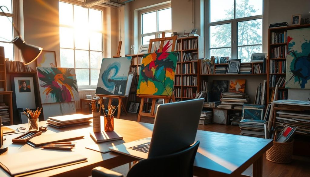 A professional artist's workspace, bathed in warm natural light spilling through large windows. In the foreground, a desk with a laptop, brushes, and a sketchpad, hinting at the creative process. The middle ground showcases easels displaying vibrant, abstract paintings, reflecting the artist's unique style. In the background, a bookshelf overflows with art books and supplies, suggesting a deep well of inspiration. The overall scene conveys a sense of focused creativity and artistic freedom. Umalis Group
