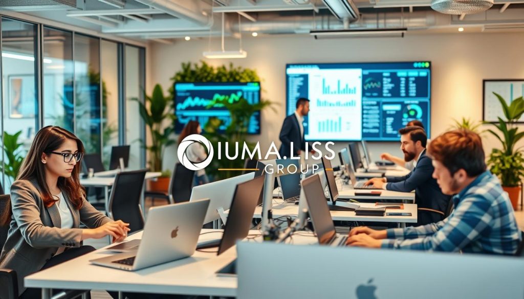 A professional atmosphere showcasing IT experts engaged in collaborative work, highlighting the concept of "portage salarial." In the foreground, a diverse group of IT professionals, including a woman in business attire, a man in casual smart clothing, and a person in glasses deeply focused on coding, seated at modern desks with laptops and digital devices. In the middle ground, large screens display data analytics and programming interfaces, while others are engaged in lively discussion over project plans. The background features a contemporary office environment with glass partitions and greenery, symbolizing growth and innovation. Warm, soft lighting enhances a sense of collaboration and productivity. The logo "UMALIS GROUP" subtly integrated into the office decor. Convey a mood of professionalism and creativity, emphasizing the compatibility of IT roles with portage salarial.