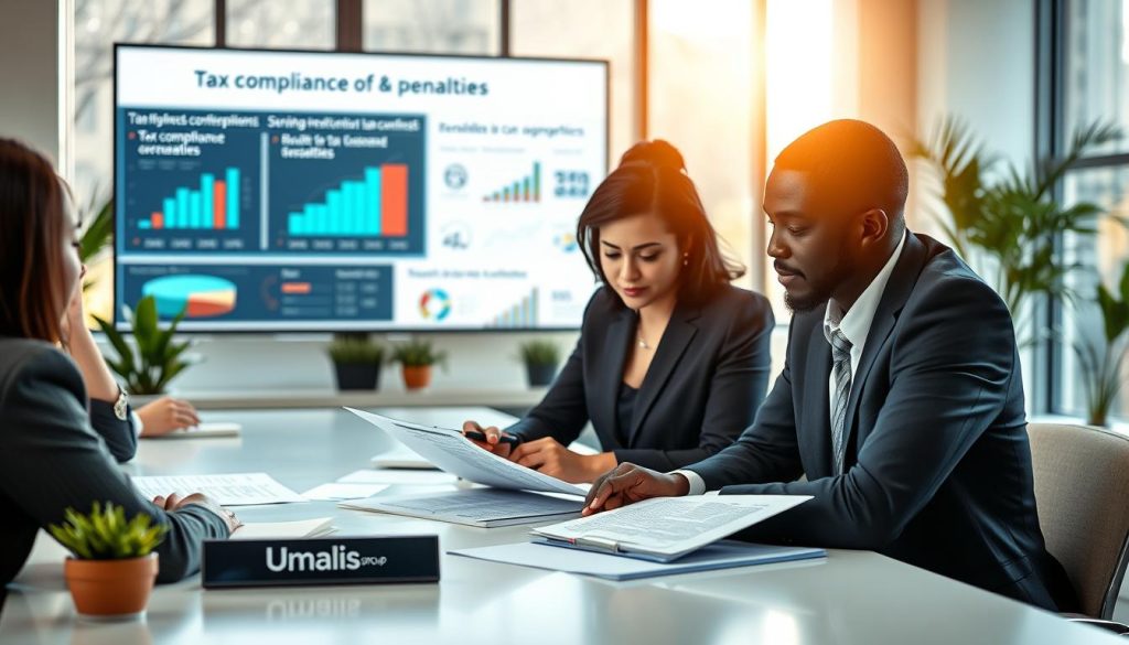 A professional audit scene depicting a diverse group of business professionals engaged in a formal meeting around a large conference table. In the foreground, a middle-aged Asian woman in professional attire is reviewing tax documents with a focused expression, while a young Black man takes notes diligently. The background showcases a large screen displaying graphs and infographics about tax compliance and penalties. Soft, natural lighting filters in through large windows, creating an inviting atmosphere. The room is modern and well-organized, with potted plants and a stylish design. A subtle branding element, like a logo or nameplate of "Umalis Group," is placed on the table, emphasizing a professional environment centered on taxation and compliance awareness.