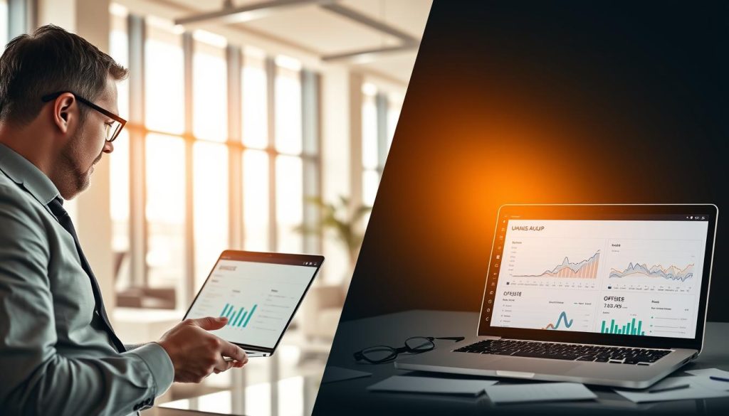 A professional auditor analyzing a website during an onsite audit, dressed in smart business attire with a laptop open, reviewing data charts on the screen. In the background, a modern, well-lit office space with large windows allowing natural light to pour in, showcasing a sleek design with minimalistic furniture. To the right, an offsite setup depicted as a digital workspace on a laptop showing graphs tracking SEO performance, surrounded by notes and strategic plans. Warm light enhances the atmosphere, conveying focus and professionalism, while a subtle branding element of "UMALIS GROUP" is integrated into the laptop screen. The composition captures the dual aspects of onsite and offsite audits, emphasizing the optimization for web performance.