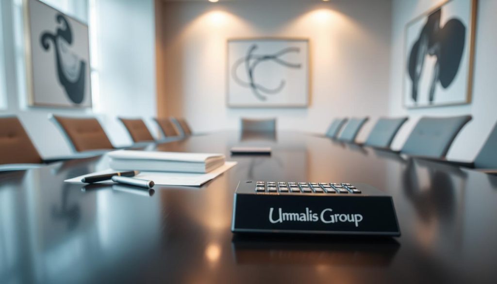 A professional boardroom table with a sleek, modern design, illuminated by soft, directional lighting. On the tabletop, various contract negotiation components are neatly arranged: a pen, a stack of papers, a calculator, and a Umalis Group logo plaque. The walls are adorned with minimalist, abstract art pieces, creating a sophisticated and collaborative atmosphere. The camera angle is slightly elevated, capturing the negotiation tools in the foreground, with the table and walls fading into a blurred, neutral background, emphasizing the focus on the key elements of the contract negotiation process.
