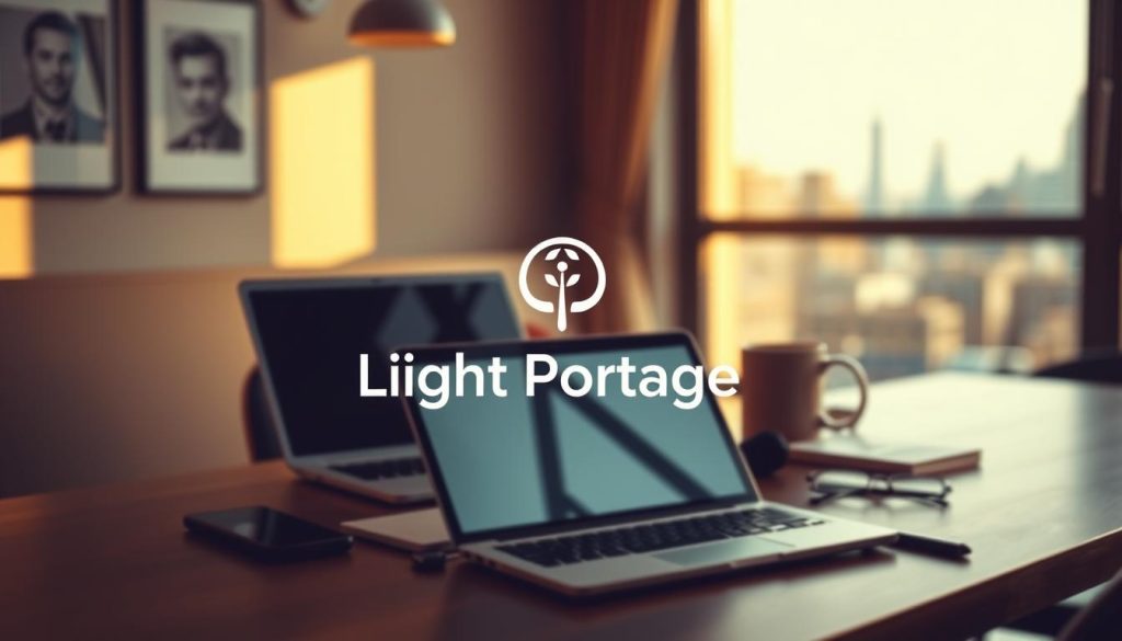 A professional branding strategy for freelancers, showcasing the "Light Portage" brand. In the foreground, a modern, minimalist logo design with clean typography and a subtle icon symbolizing portability and adaptability. In the middle ground, a stylish, well-curated work setup with a laptop, tablet, and professional accessories, all in a harmonious color palette. The background features a blurred cityscape, hinting at the versatility and reach of the freelance lifestyle. Warm, directional lighting sets an aspirational, confident tone. The composition emphasizes the balance of personal branding, digital tools, and the ability to work from anywhere.