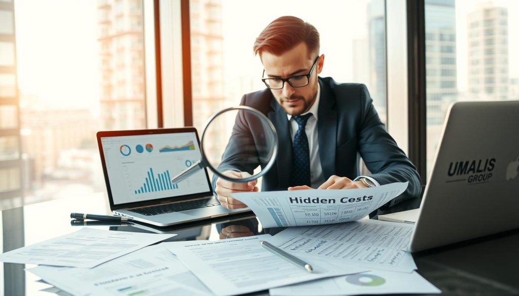 A professional business analyst sitting at a modern office desk, intently examining a detailed financial report with a magnifying glass to highlight hidden costs and additional fees. The foreground features documents labeled “Hidden Fees” and “Additional Costs” scattered across the desk. In the middle ground, a sleek laptop displays complex charts and graphs related to expense management. In the background, a high-rise office view through large windows lets in warm, natural light, creating a focused yet collaborative atmosphere. The individual is dressed in business attire, conveying professionalism and diligence. Add subtle branding elements, including the logo of "UMALIS GROUP" on the laptop screen. The overall mood is analytical and insightful, capturing the essence of identifying hidden financial aspects in business consulting.