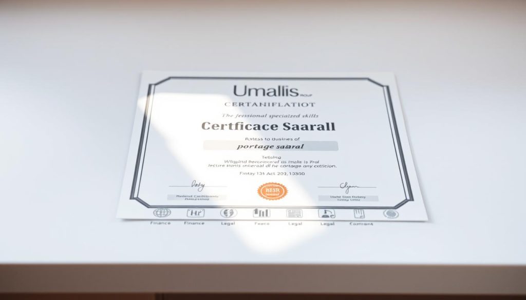 A professional business certification from Umalis Group, attesting to specialized skills in the realm of portage salarial. A sleek, contemporary image showcasing a certificate adorned with the Umalis logo, resting upon a crisp, white background. Soft lighting casts a warm glow, highlighting the refined typography and design elements. The certificate's contents are obscured, preserving an air of professionalism and privacy. In the middle ground, a row of icons representing key competencies - finance, HR, legal, and more - underscore the comprehensive nature of the certification. The overall mood is one of authority, trust, and achievement. A professional business certification from Umalis Group, attesting to specialized skills in the realm of portage salarial. A sleek, contemporary image showcasing a certificate adorned with the Umalis logo, resting upon a crisp, white background. Soft lighting casts a warm glow, highlighting the refined typography and design elements. The certificate's contents are obscured, preserving an air of professionalism and privacy. In the middle ground, a row of icons representing key competencies - finance, HR, legal, and more - underscore the comprehensive nature of the certification. The overall mood is one of authority, trust, and achievement.