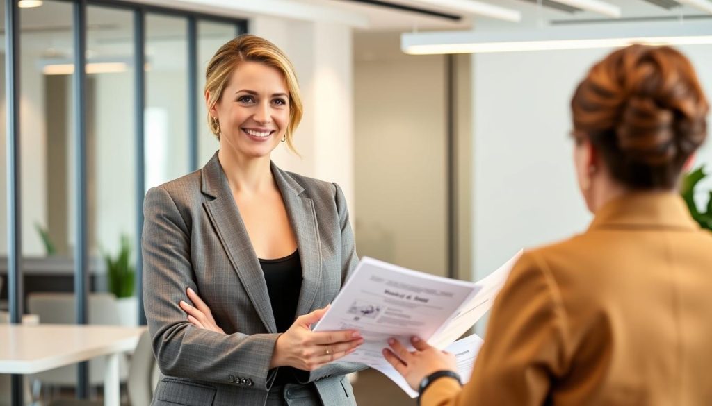 A professional business coach from the Umalis Group stands confidently, offering personalized marketing strategies to a client. The coach's warm, approachable demeanor creates an atmosphere of trust and collaboration. In the background, a sleek, modern office space with clean lines and natural lighting sets the scene. The coach's expertise is evident in the carefully curated presentation materials and the thoughtful expression on their face as they guide the client through the customized solutions. This image captures the essence of successful freelance coaching, where personalized guidance and tailored strategies are the keys to unlocking professional growth.