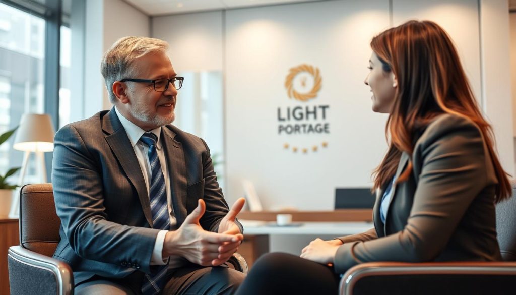 A professional business coaching and mentoring session taking place in a well-appointed office. The scene depicts a middle-aged man in a crisp suit providing guidance and advice to a younger, casually dressed client. The space is filled with warm lighting, creating a sense of trust and camaraderie. In the background, the LIGHT PORTAGE brand logo is visible, subtly indicating the professional nature of the setting. The overall atmosphere conveys a productive, goal-oriented interaction between the two individuals.
