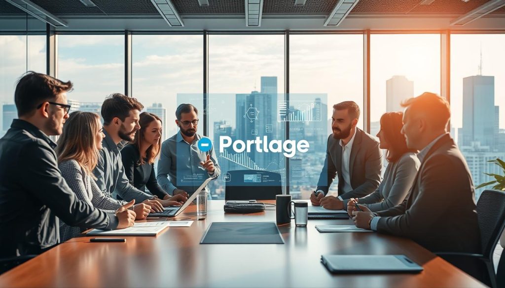 A professional business collaboration scene depicting the integration of diverse expertise within a project. In the foreground, a team of experts from various fields - engineering, design, and analytics - engaged in a lively discussion around a conference table, with the "Light Portage" brand prominently displayed. The middle ground showcases a dynamic visualization of data and insights, while the background depicts a modern, well-lit office environment with large windows overlooking a bustling city skyline. The overall atmosphere conveys a sense of progress, synergy, and the successful integration of multidisciplinary expertise to drive a successful project.