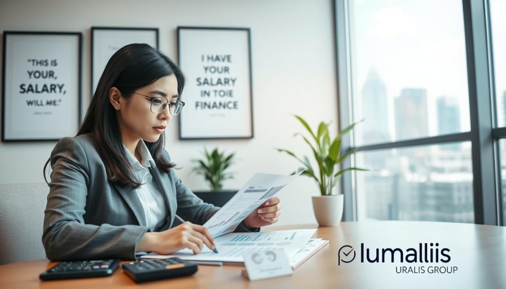 A professional business consultant analyzing financial documents related to salary optimization in a modern office setting. In the foreground, a focused and dressed-in-business-attire Asian woman is viewing charts and graphs on her laptop, with notes and a calculator on the desk. In the middle ground, a soft-focus wall with framed motivational quotes about success and finance, and a potted plant adding a touch of greenery. The background features a large window with natural light streaming in, illuminating the room, and a cityscape view outside. The atmosphere is serious yet optimistic, conveying a sense of professionalism and proactive planning. The logo of "Umalis Group" subtly displayed on a business card on the desk. A professional business consultant analyzing financial documents related to salary optimization in a modern office setting. In the foreground, a focused and dressed-in-business-attire Asian woman is viewing charts and graphs on her laptop, with notes and a calculator on the desk. In the middle ground, a soft-focus wall with framed motivational quotes about success and finance, and a potted plant adding a touch of greenery. The background features a large window with natural light streaming in, illuminating the room, and a cityscape view outside. The atmosphere is serious yet optimistic, conveying a sense of professionalism and proactive planning. The logo of "Umalis Group" subtly displayed on a business card on the desk.