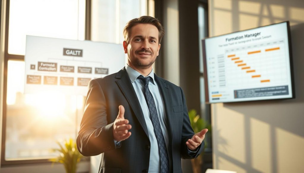 A professional business consultant, dressed in a crisp suit, stands at the center of a well-lit, modern office. Sunlight streams in through large windows, casting a warm glow on the scene. Behind the consultant, an organizational chart and Gantt chart are displayed on a sleek digital screen, representing the complex responsibilities of a "Formation manager transition" at the Umalis Group. The consultant gestures confidently, guiding the viewer through the key roles and duties of this specialized management position. The overall atmosphere conveys a sense of expertise, efficiency, and the importance of this transitional leadership role within the company. A professional business consultant, dressed in a crisp suit, stands at the center of a well-lit, modern office. Sunlight streams in through large windows, casting a warm glow on the scene. Behind the consultant, an organizational chart and Gantt chart are displayed on a sleek digital screen, representing the complex responsibilities of a "Formation manager transition" at the Umalis Group. The consultant gestures confidently, guiding the viewer through the key roles and duties of this specialized management position. The overall atmosphere conveys a sense of expertise, efficiency, and the importance of this transitional leadership role within the company.