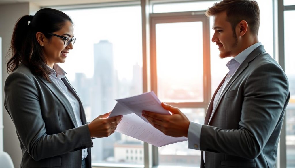 A professional business consultant from the Umalis Group stands in a modern, well-lit office, reviewing financial documents with a client. The consultant's expression conveys expertise and attentiveness, while the client appears engaged and confident. In the background, a large window offers a cityscape view, symbolizing the partnership between the consultant and client in navigating the professional landscape. The scene emanates a sense of collaboration, guidance, and the empowerment of the client's entrepreneurial journey.