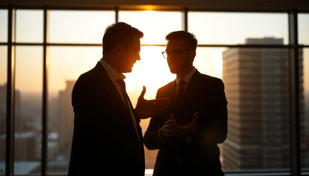 A professional business consultant guiding a successful executive at the Umalis Group, their silhouettes standing in a modern office with large windows overlooking a cityscape. The lighting is warm and focused, creating a sense of productivity and collaboration. In the foreground, the consultant gestures emphatically, their body language conveying expertise and guidance. The executive listens intently, their posture reflecting an openness to the advice being given. The background is subtly blurred, keeping the focus on the two figures and the professional relationship between them.