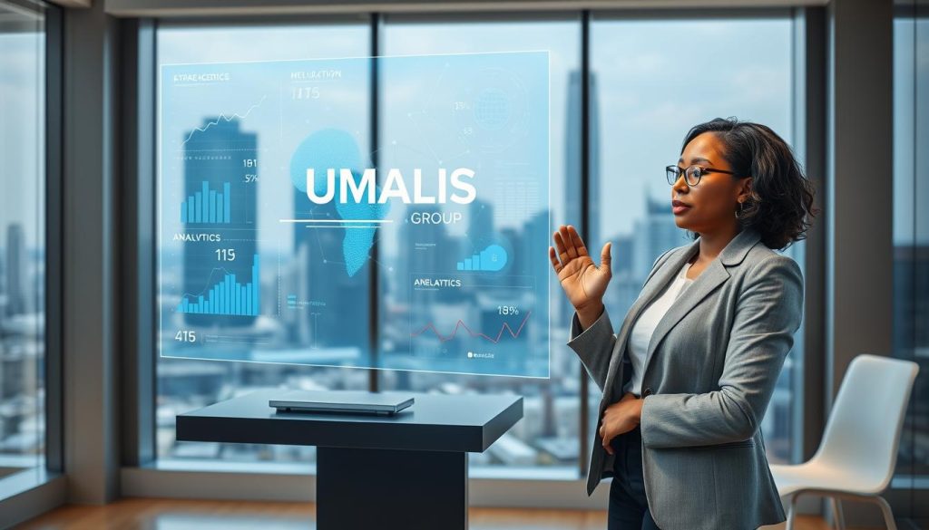 A professional business consultant in modern attire stands confidently at a sleek desk, engaging with a futuristic holographic display of artificial intelligence data and analytics. The consultant, a middle-aged Black woman, appears focused and knowledgeable, using gestures to interact with the holograms. The office environment is bright and sophisticated, featuring large windows with a city skyline backdrop, symbolizing innovation and progress. Soft natural light filters through, creating a warm and motivational atmosphere. The composition emphasizes the consultant's proactive role in harnessing AI for business success. Include the brand logo “UMALIS GROUP” subtly integrated into the holographic display. The scene conveys a sense of empowerment and forward-thinking in a professional setting.