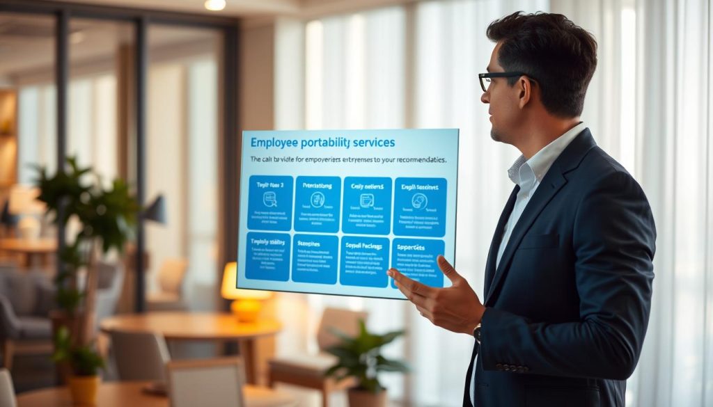 A professional business consultant providing expert guidance on employee portability services from the Umalis Group. The consultant stands in a modern, airy office, gesturing to an interactive display showcasing comprehensive support packages. Soft, warm lighting casts a welcoming ambiance, while the background blurs to focus attention on the consultant's personalized recommendations. The scene conveys a sense of trust, collaboration, and a tailored approach to empowering entrepreneurs through Umalis Group's employee portability solutions. A professional business consultant providing expert guidance on employee portability services from the Umalis Group. The consultant stands in a modern, airy office, gesturing to an interactive display showcasing comprehensive support packages. Soft, warm lighting casts a welcoming ambiance, while the background blurs to focus attention on the consultant's personalized recommendations. The scene conveys a sense of trust, collaboration, and a tailored approach to empowering entrepreneurs through Umalis Group's employee portability solutions.