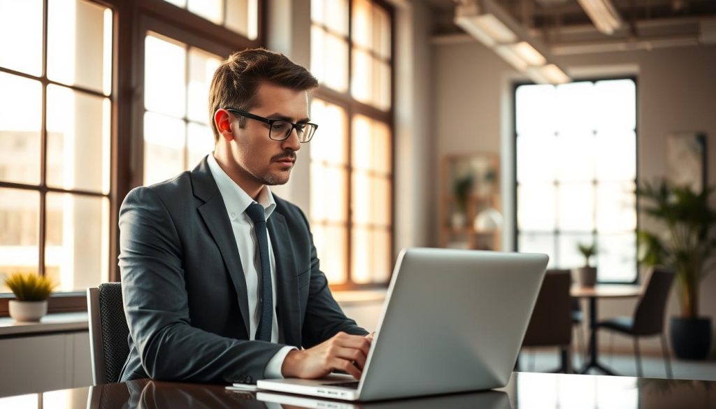 A professional business consultant sitting at a desk, deep in thought, laptop open in front of them. The office is well-lit with warm, natural lighting filtering in through large windows. The consultant wears a sharp, tailored suit and has an air of focus and expertise. In the background, a sleek, modern office space with minimalist decor and subtle nods to their specialty in "portage salarial" or professional employee leasing. The overall atmosphere conveys a sense of diligence, competence, and a deep understanding of the freelance and contracting industry.