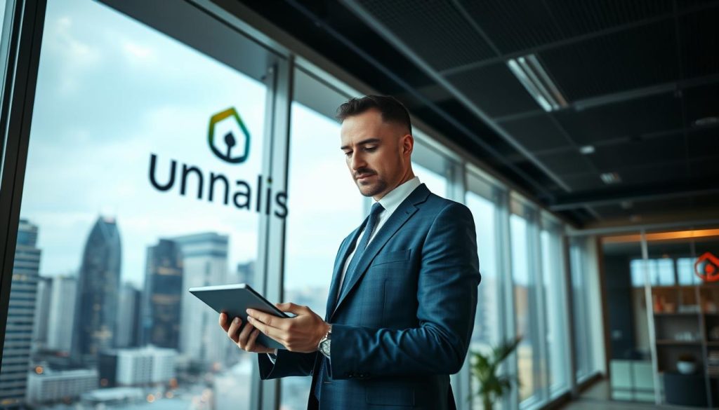 A professional business consultant standing in a modern office, dressed in a smart suit, holding a tablet and reviewing financial data. In the background, a large window overlooking a bustling city skyline, with the Umalis Group logo prominently displayed. The lighting is soft and warm, creating a sense of focus and professionalism. The image conveys the expertise and value that a consultant from the Umalis Group can provide to their clients in the realm of portage salarial.
