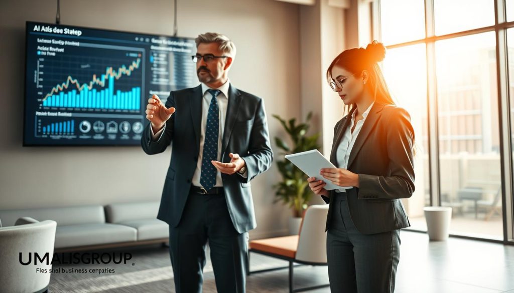 A professional business consultant standing in a modern office space, discussing AI strategy with a small business owner. The consultant, a middle-aged individual in smart business attire, gestures towards a large screen displaying graphs and AI-related data. The business owner, a young woman in a professional outfit, takes notes while looking engaged and thoughtful. In the background, sleek office furniture and large windows let in natural light, creating a bright and inspiring atmosphere. The color palette is warm and welcoming, with hints of blue signifying technology. A small logo of "UMALIS GROUP" can be subtly integrated into the office décor. The composition captures a collaborative and strategic environment focused on AI solutions for small to medium enterprises.