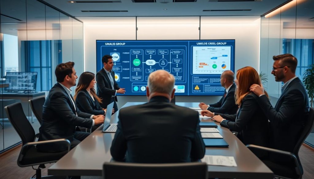 A professional business consultation setting showcasing the "Méthode de conseil et processus commerciaux." In the foreground, depict a diverse group of professionals, both men and women, dressed in sharp business attire, engaged in a discussion around a modern conference table with laptops and documents laid out. The middle ground features a large digital screen displaying flowcharts and diagrams illustrating CRM processes and AI insights, emphasizing collaboration and analysis. In the background, a sleek office design with glass walls and soft ambient lighting creates a dynamic and focused atmosphere. Use a wide-angle lens perspective to capture the interaction and energy in the room. Ensure the branding of "UMALIS GROUP" is subtly integrated into the design of the conference materials.