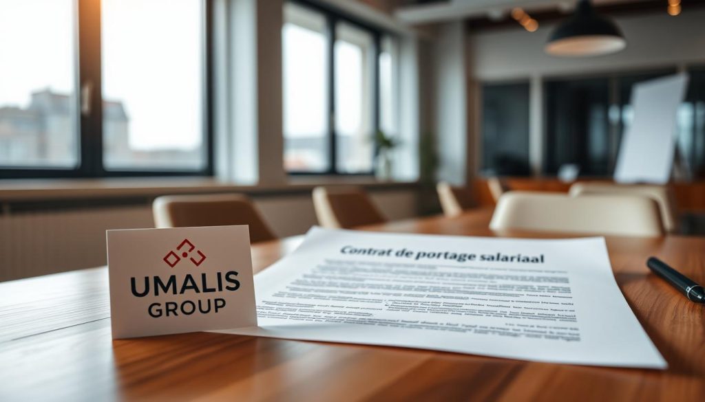 A professional business contract laying open on a wooden desk, illuminated by warm, diffused lighting. In the foreground, the UMALIS GROUP logo stands out prominently, conveying the company's role in the "portage salarial" arrangement. The middle ground features the contract's title "Contrat de portage salarial" written in a crisp, legible font. The background showcases a modern, minimalist office setting, with a large window allowing natural light to filter in, creating a sense of openness and professionalism. The overall scene conveys the concept of "Comprendre le portage salarial" - a secure, transparent, and reputable employment solution for professionals.